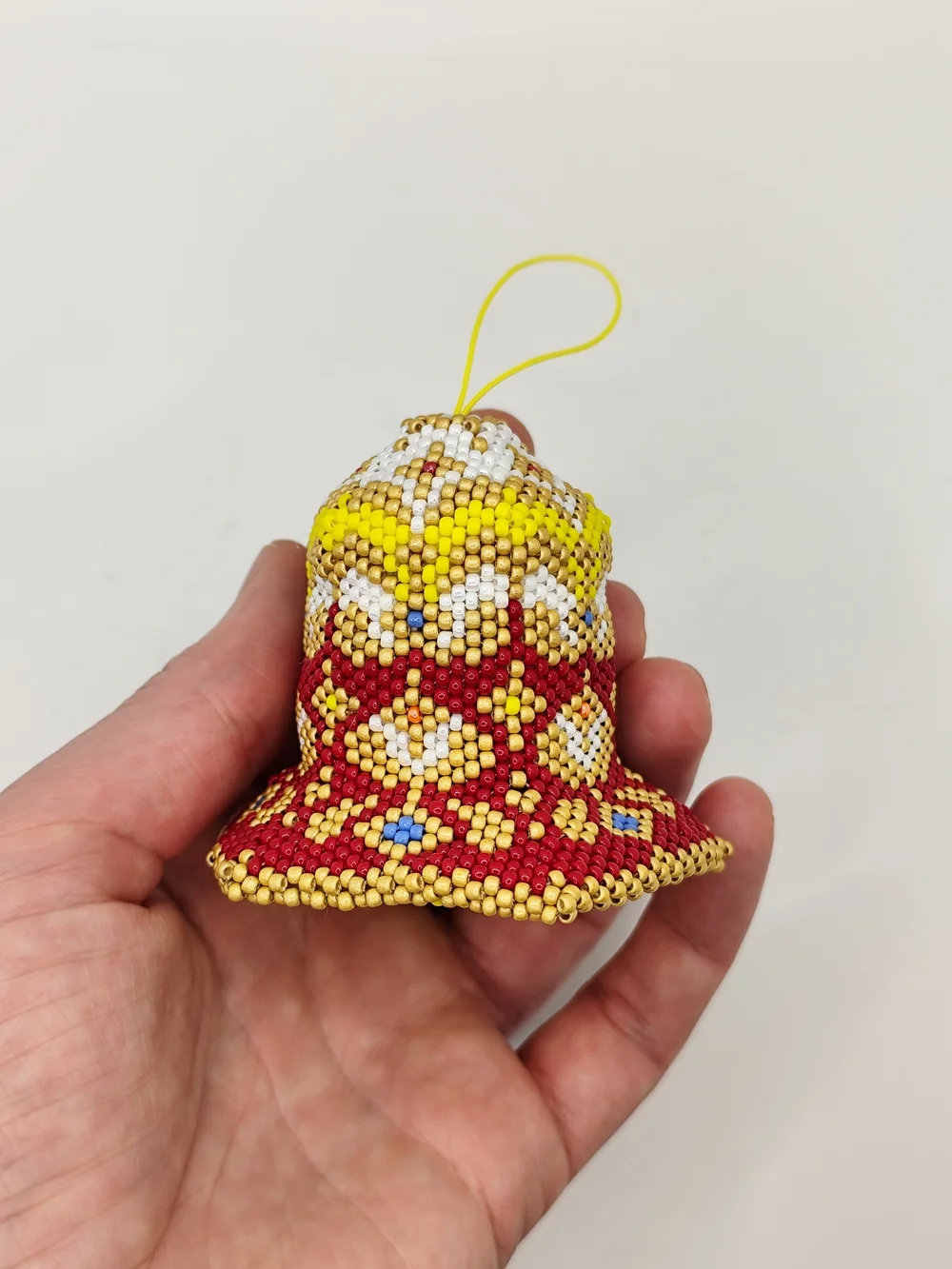 Handmade Beaded Bell Ornament in Red, Yellow & White